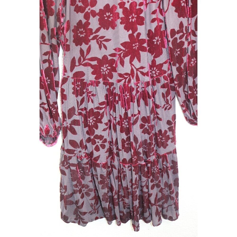 Taylor Burgundy Velvet Burnout-3/4 Puff Sleeves Babydoll Dress-Size 8-Whimsigoth - Picture 11 of 12